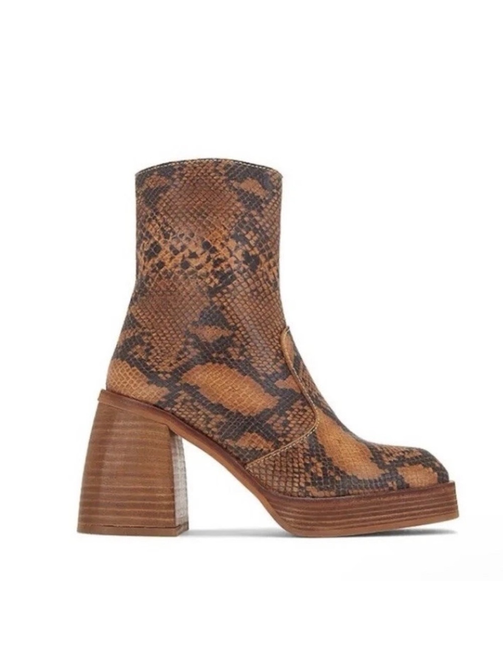 Free People Ruby Shine Snake Skin Print Chunky Platform Boots Spain 37.5 Brown